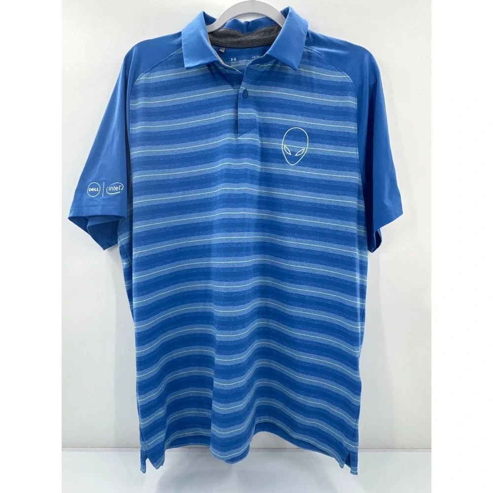 Under Armour Alienware Dell Intel Polo Shirt Mens Large Blue Striped HeatGear LG
